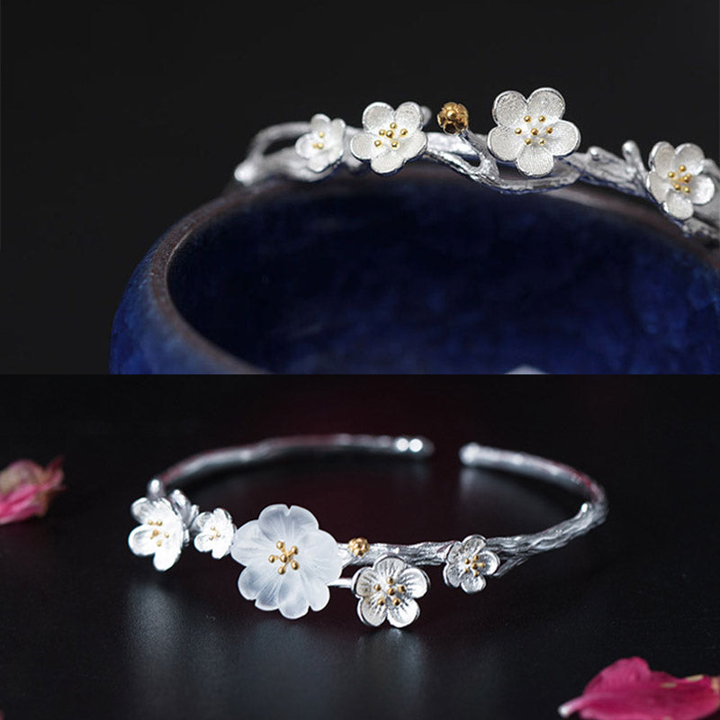 925 Sterling Silver Plum Flower Blessing Bracelet Adjustable Bangle - Image 14