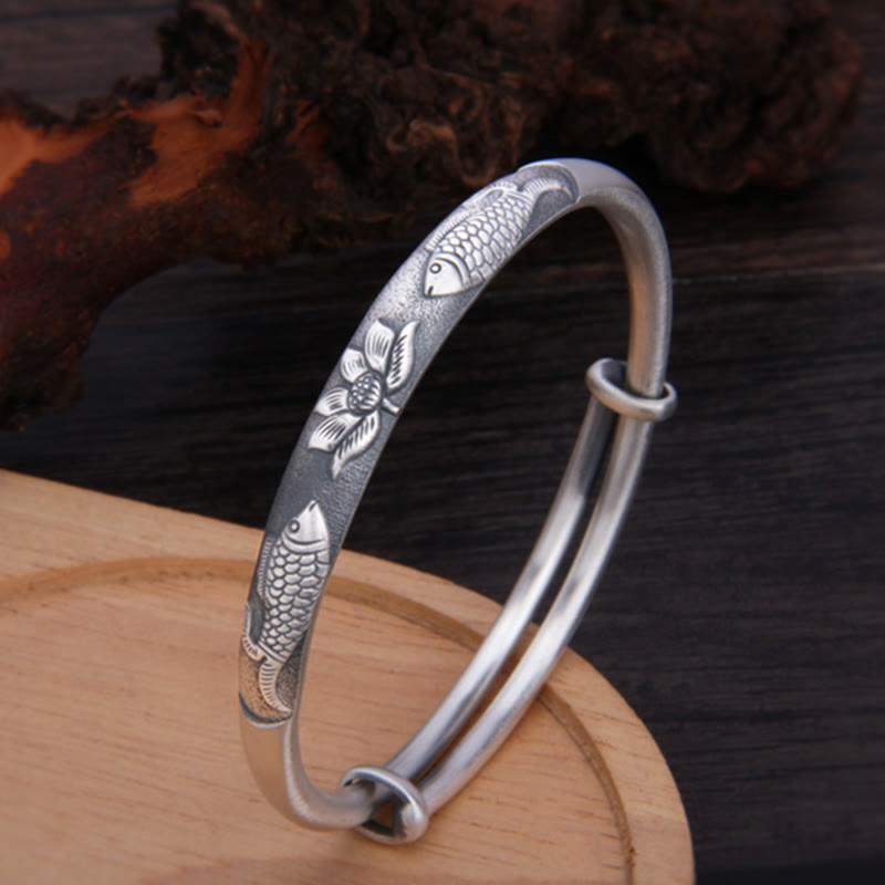 999 Sterling Silver Koi Fish Lotus Wealth Luck Bracelet Bangle - Image 5