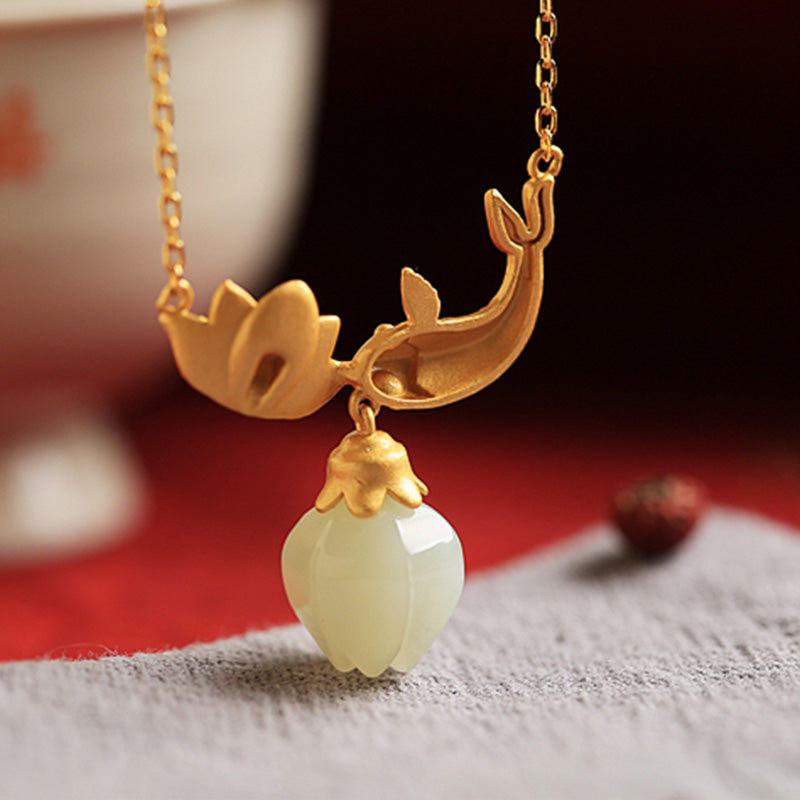 925 Sterling Silver White Jade Koi Fish Lotus Protection Necklace Pendant - Image 6