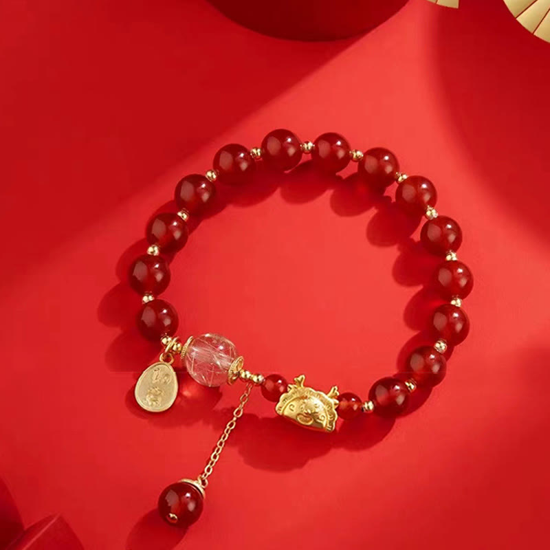 Year of the Dragon Dumpling Natural Red Agate Garnet Hetian Jade Fu Character Luck Success Bracelet - Image 3