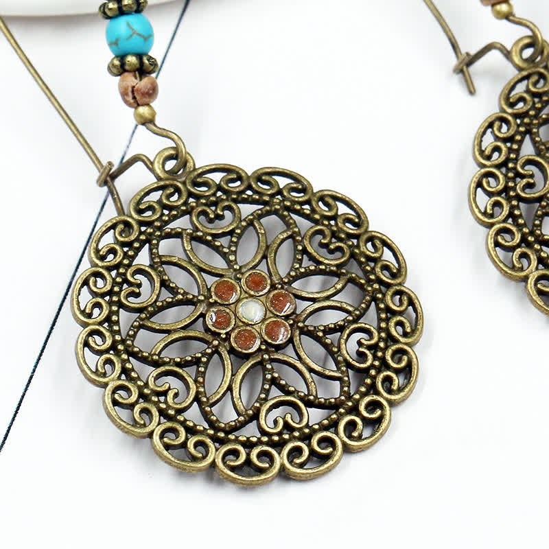 Round Flower Design Luck Dangle Drop Earrings - Image 7