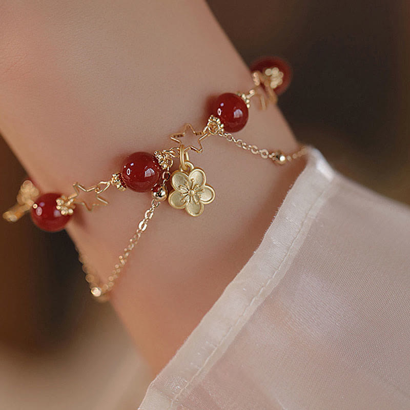 14k Gold Plated Red Agate Star Flower Charm Calm Bracelet - Image 4