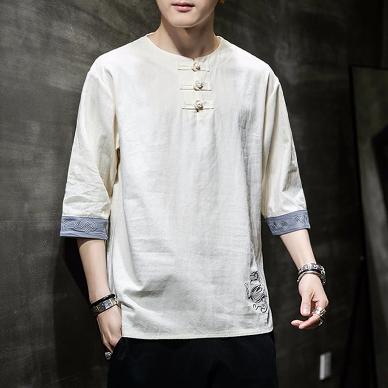 Frog-Button Dragon Embroidery Chinese Tang Suit Three Quarter Sleeve Shirt Cotton Linen Men Clothing - Image 4