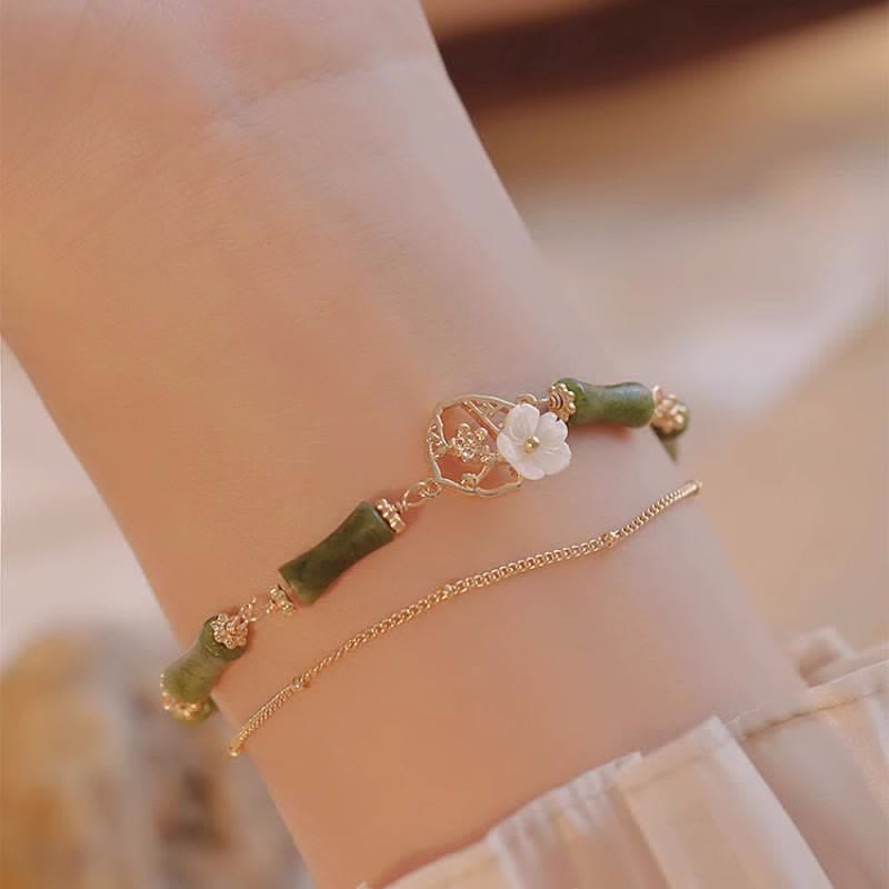 14k Gold Plated Copper Peridot Bamboo Flower Wealth Double Layer Bracelet - Image 3