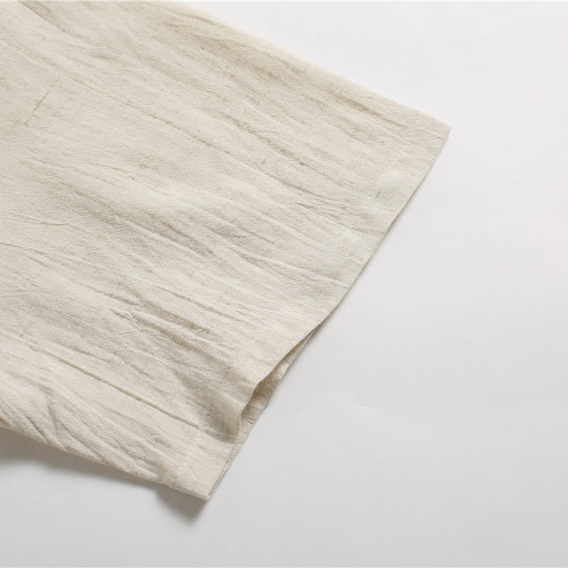 Men's Solid Color Round Neck Short Sleeve Cotton Linen Shirt - Image 22