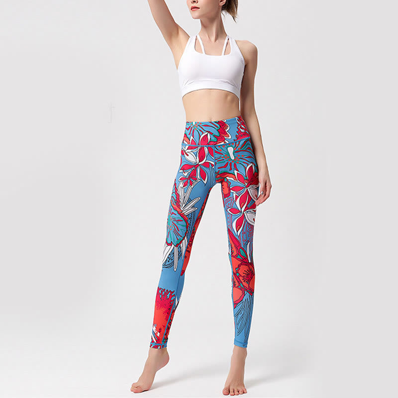 Colorful Flower Petal Leaves Print Sports Exercise Fitness High Waist Leggings Women's Yoga Pants - Image 19