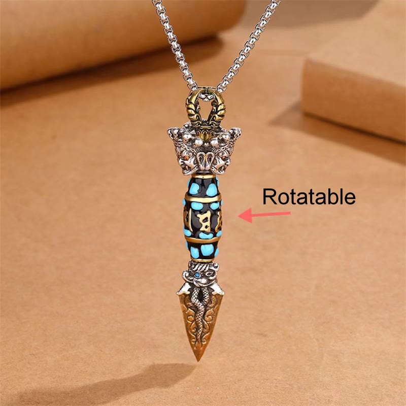 Tibet Om Mani Padme Hum Dzi Bead Dorje Vajra Pattern Wealth Rotatable Necklace Pendant - Image 5