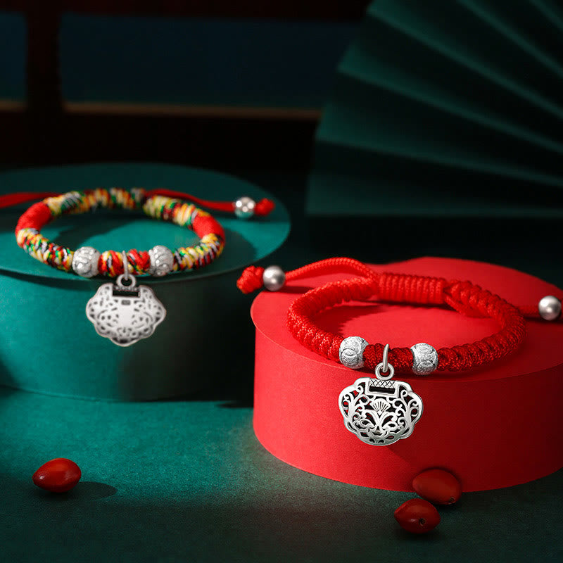 925 Sterling Silver Chinese Lock Charm Multicolored Red String Protection Handmade Braided Kids Bracelet