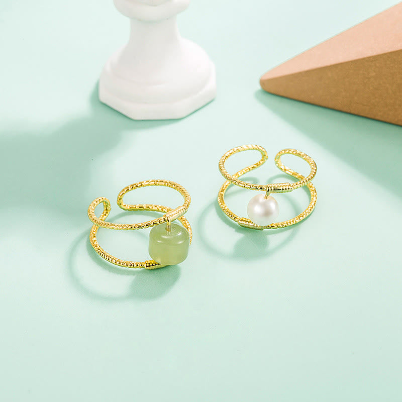 Round Jade Pearl Bead Double Layer Copper Luck Adjustable Ring - Image 13