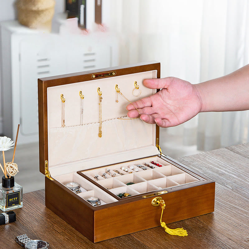Vintage Wooden Jewelry Box Two-Layer Solid Wood Jewelry Storage Box