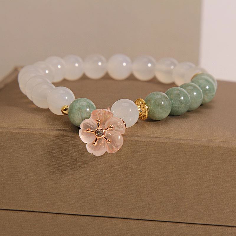 White Agate Jade Flower Charm Luck Protection Bracelet