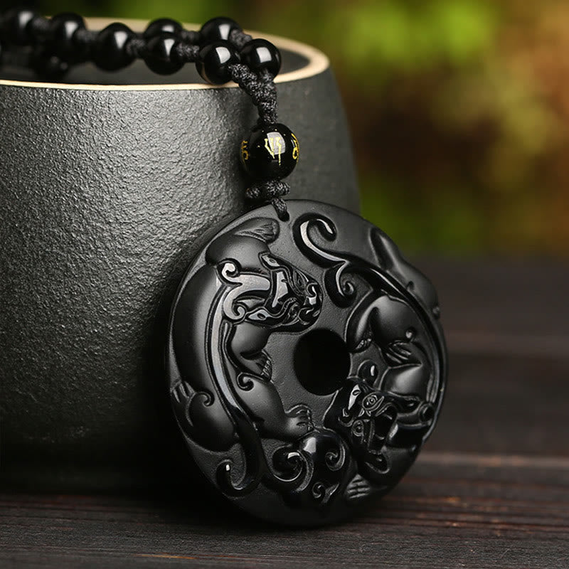 Natural Black Obsidian Peace Buckle Pixiu Bead Rope Strength Necklace Pendant - Image 4