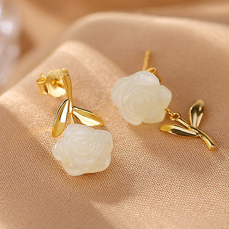 925 Sterling Silver Plated Gold Jade Rose Flower Cyan Jade Pearl Luck Earrings - Image 3