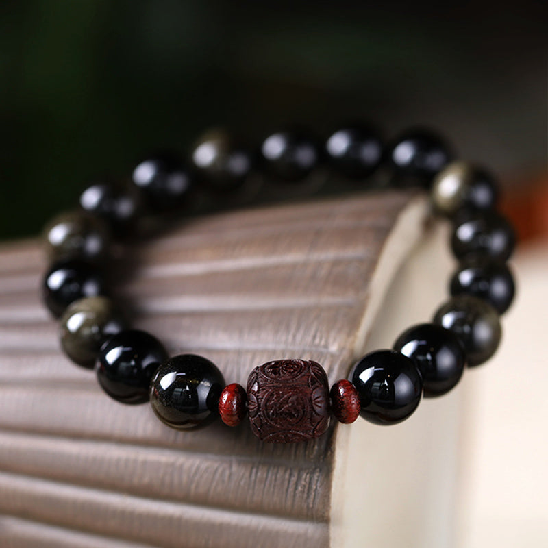Natural Gold Sheen Obsidian Rainbow Obsidian Om Mani Padme Hum Fu Character Healing Bracelet - Image 14