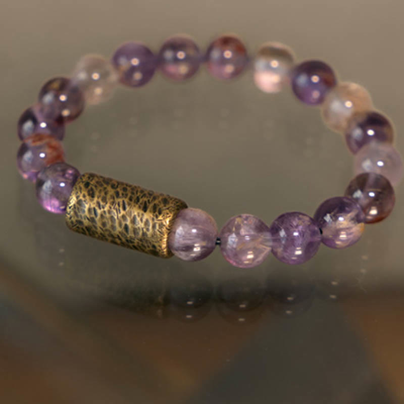 White Crystal Red Hematoid Quartz Gold Rutilated Quartz Purple Phantom Protection Bracelet - Image 29