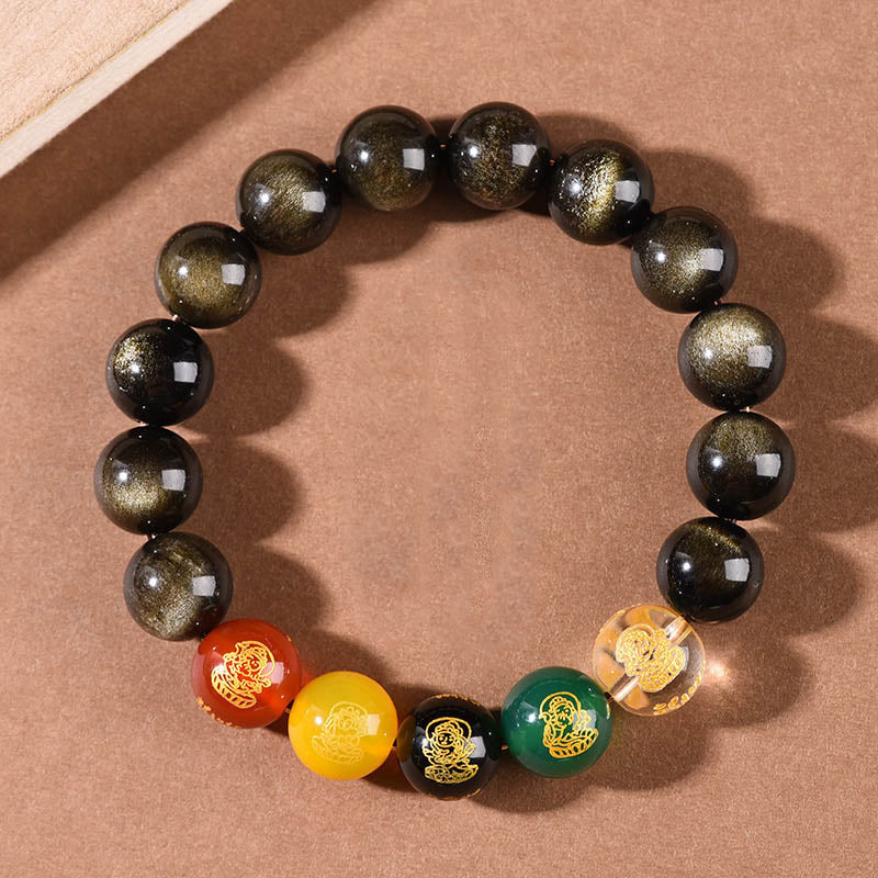 Gold Sheen Obsidian Rainbow Obsidian Black Obsidian Five Directions Gods of Wealth Bracelet - Image 4