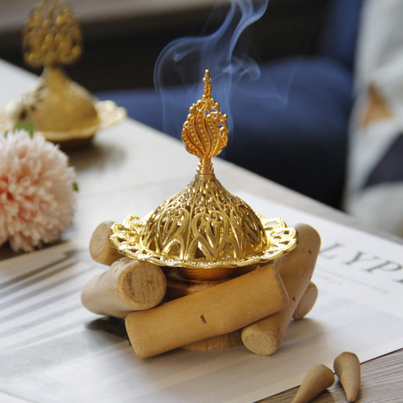 Gold Alloy Healing Mini Incense Burner With Wooden Coaster Home Decor - Image 11