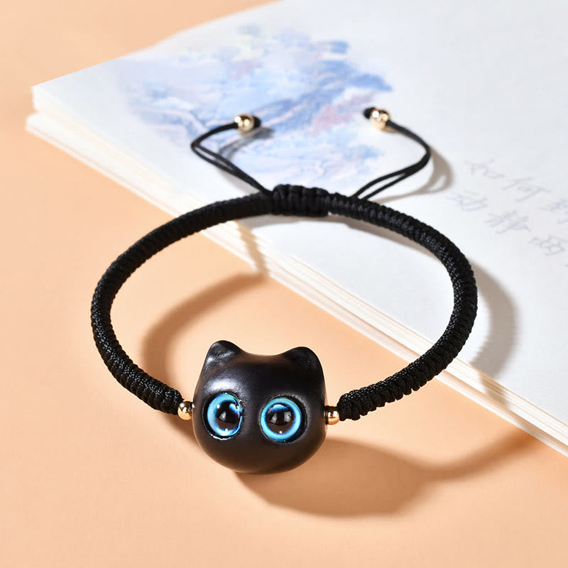 Ebony Wood Cat Head Pattern Peace King Kong Knot Braided Bracelet - Image 14