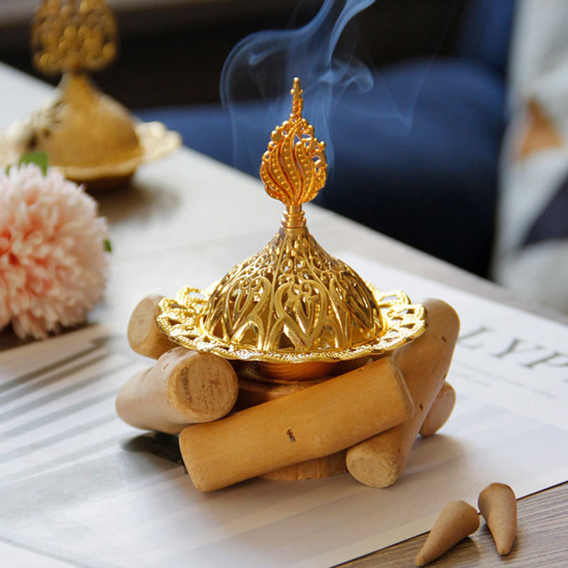 Gold Alloy Healing Mini Incense Burner With Wooden Coaster Home Decor - Image 13
