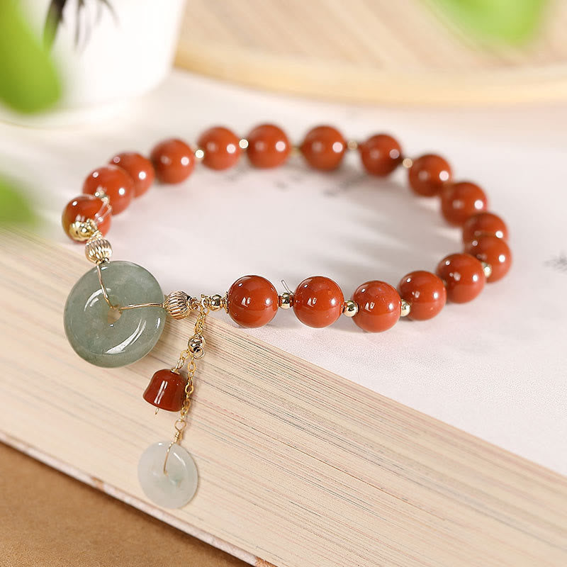 14k Gold Filled Jade Red Agate Peace Buckle Copper Coin Gourd Confidence Bracelet