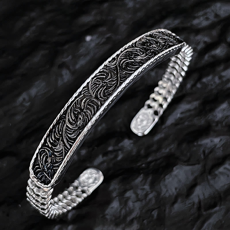 Tang Dynasty Flower Design Engraved Copper Luck Cuff Bracelet Bangle Adjustable Ring - Image 6