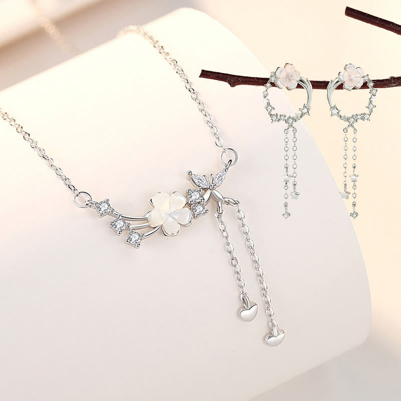 925 Sterling Silver Flower Butterfly Love Necklace Pendant Earrings Set