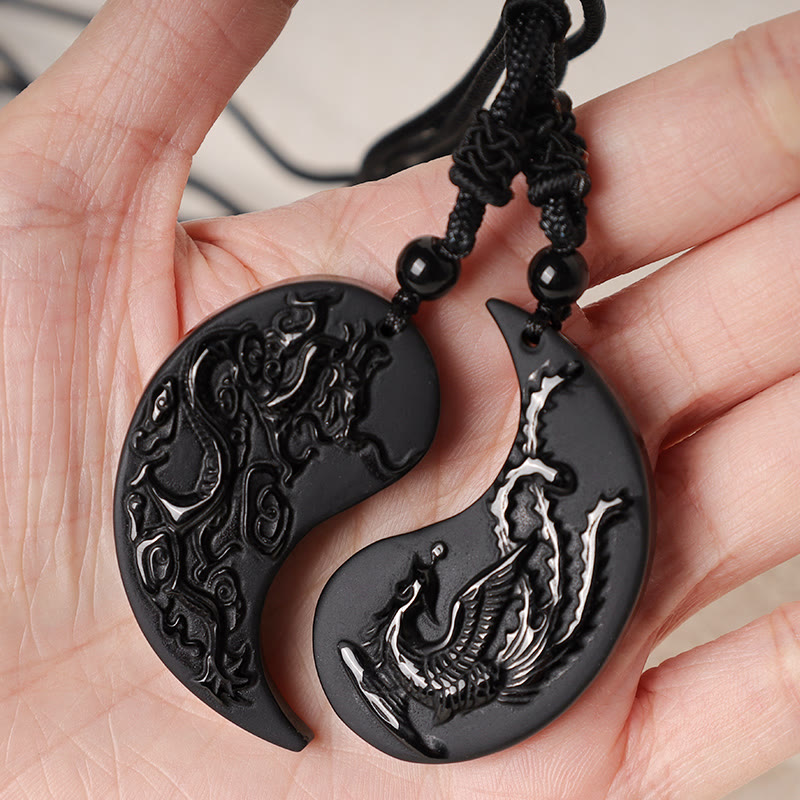 Black Obsidian Yin Yang Dragon Phoenix Luck Necklace Pendant - Image 5