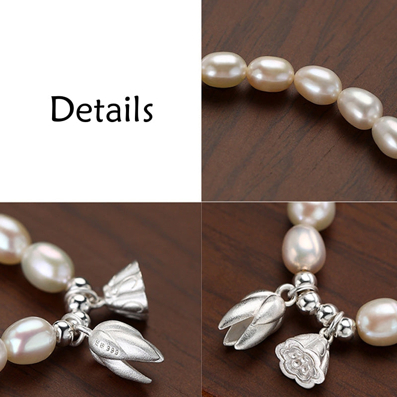 999 Sterling Silver Lotus Flower Pod Natural Pearl Healing Bracelet - Image 8