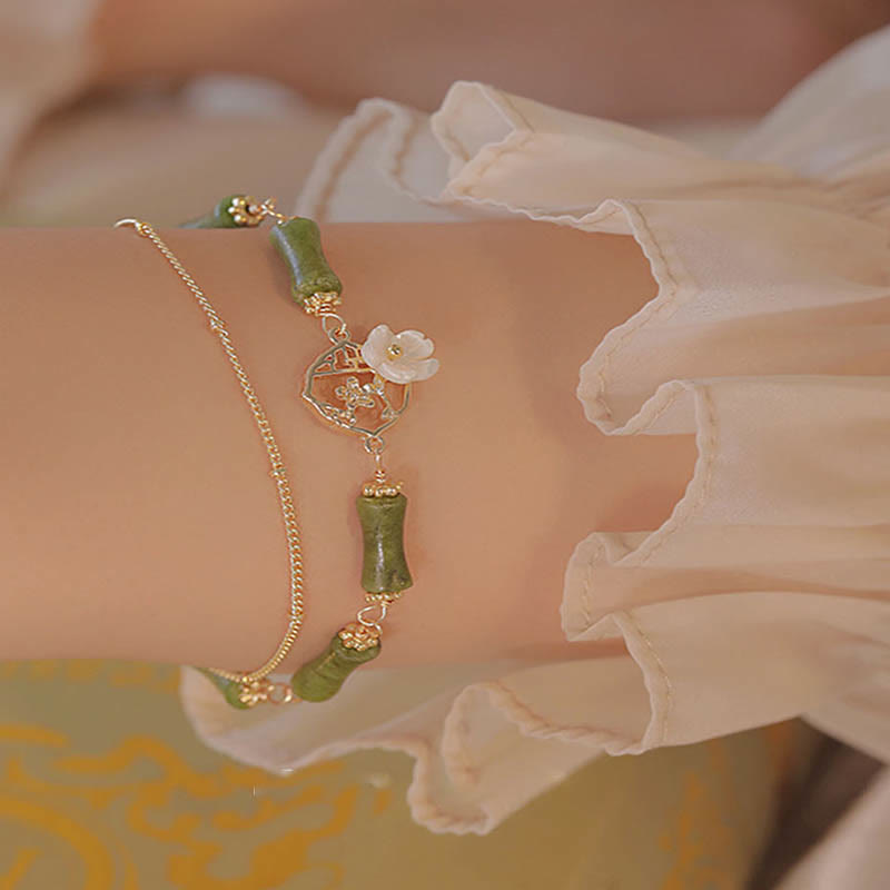 14k Gold Plated Copper Peridot Bamboo Flower Wealth Double Layer Bracelet - Image 7
