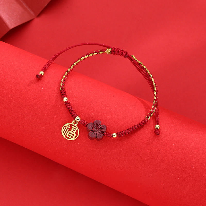 Cinnabar Flower Fu Character Blessing Braided String Bracelet - Image 4