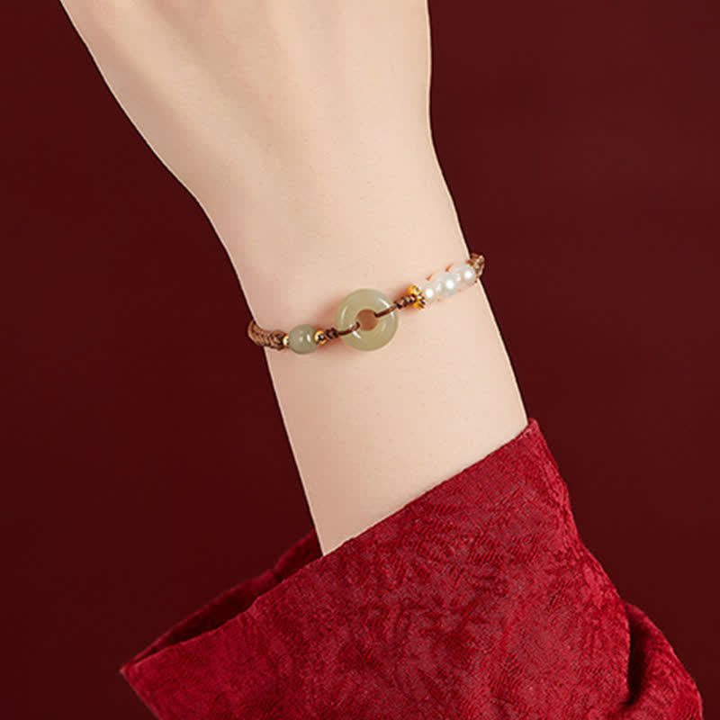 Natural Hetian Jade Pearl Peace Buckle Luck Bracelet - Image 3