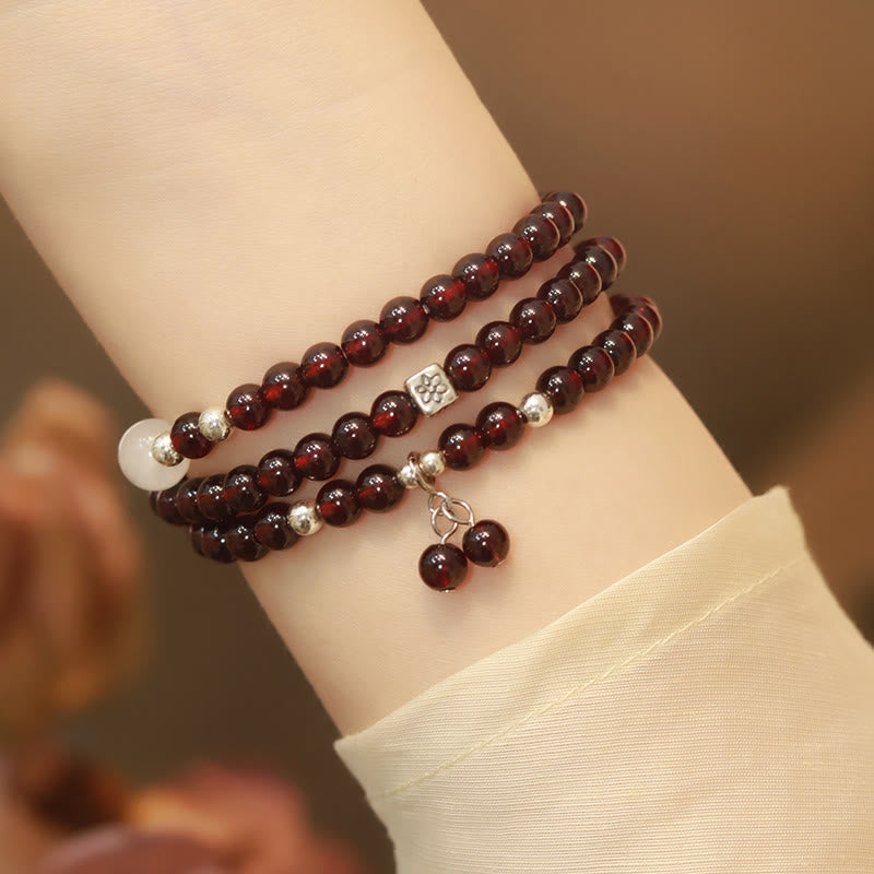 925 Sterling Silver Natural Garnet Cat Eye Protection Triple Wrap Bracelet
