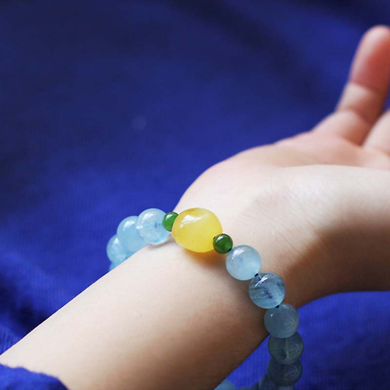 Natural Aquamarine Amber Beads Serenity Healing Bracelet - Image 4