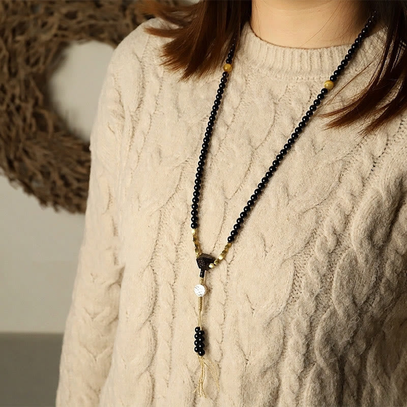 Tibetan 108 Mala Beads Black Onyx Three-eyed Dzi Beads Protection Bracelet - Image 15