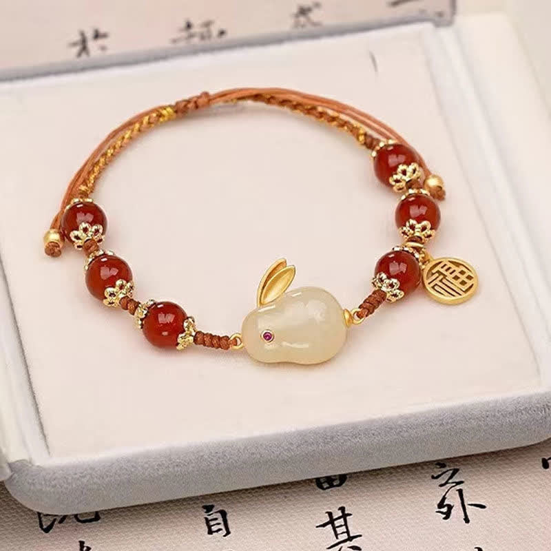 Year of the Rabbit Red Agate Jade Bunny Confidence String Bracelet - Image 4
