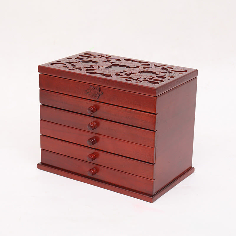 Large Capacity Vintage Flowers Carved Wooden Jewelry Box Six-Layer Jewelry Storage Box - Image 4