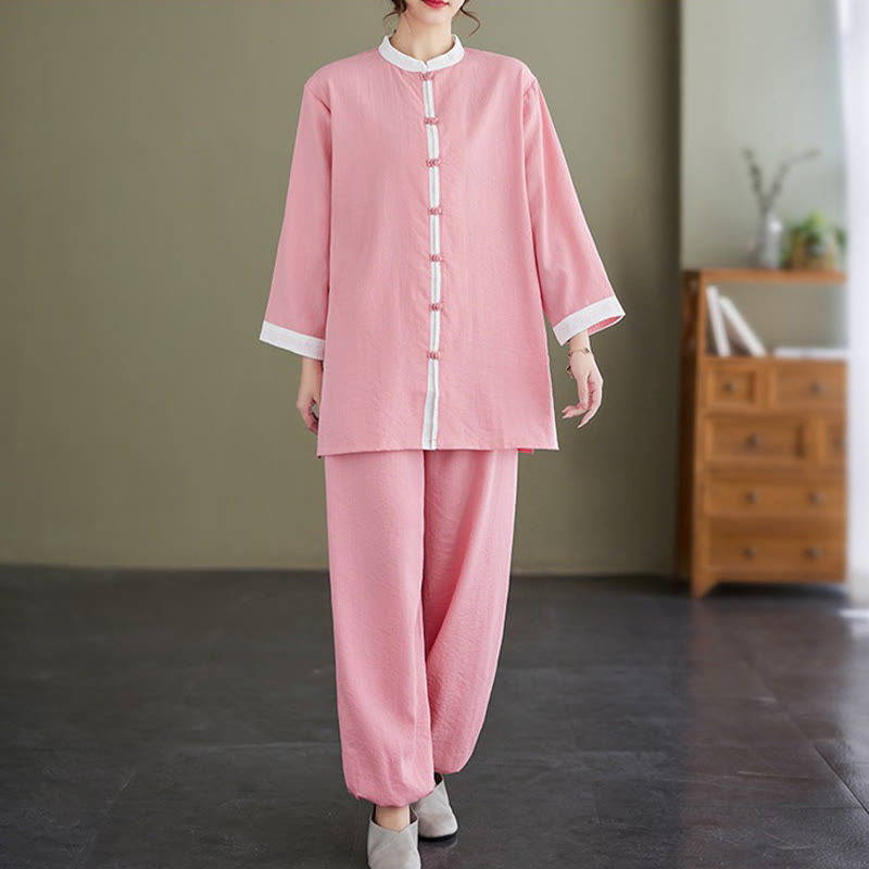 2Pcs Vintage Long Sleeve Shirt Top Pants Meditation Zen Tai Chi Cotton Linen Clothing Women's Set - Image 3