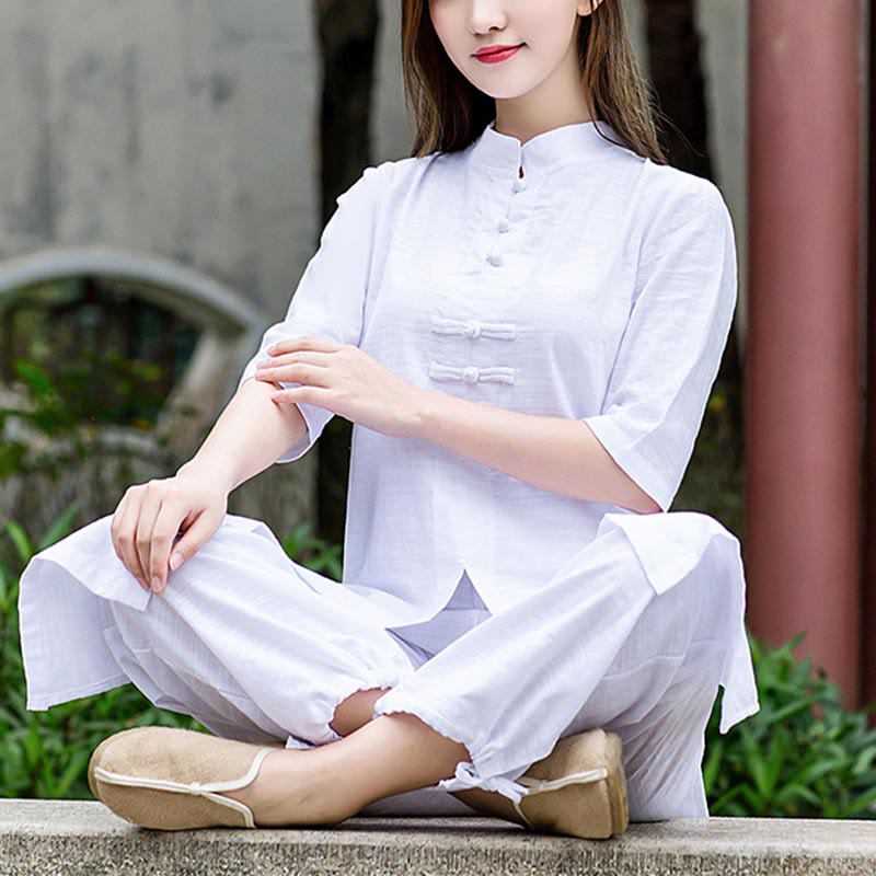 2Pcs Half Sleeve Shirt Top Pants Meditation Zen Tai Chi Linen Clothing Women's Set