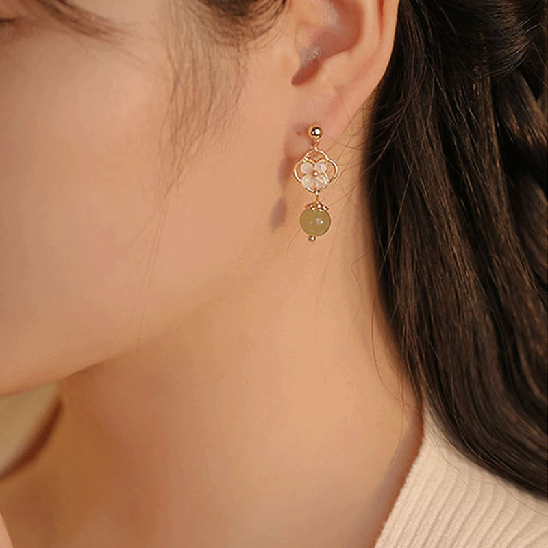 Tridacna Stone Flower Jade Bead Blessing Drop Earrings - Image 7