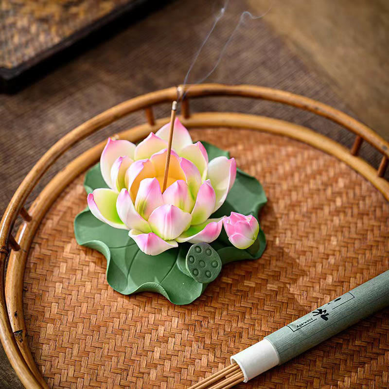 Lotus Flower Leaf Pod Spiritual Healing Ceramic Stick Incense Burner Decoration - Image 6