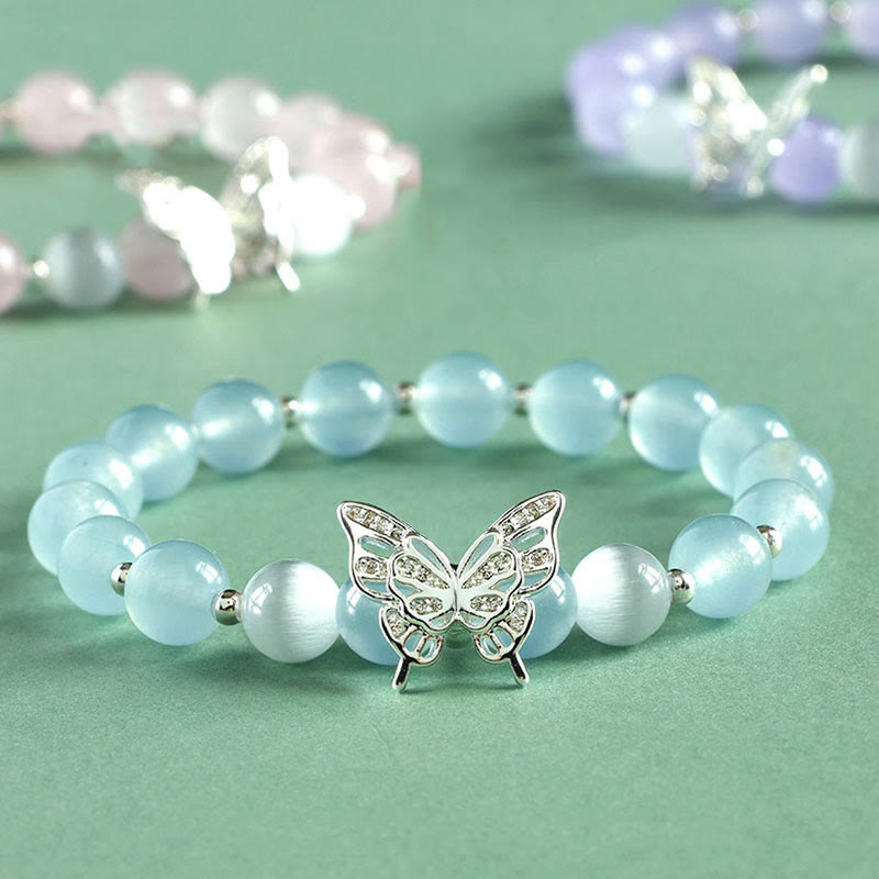 Blue Chalcedony Pink Crystal Purple Chalcedony Butterfly Energy Bracelet