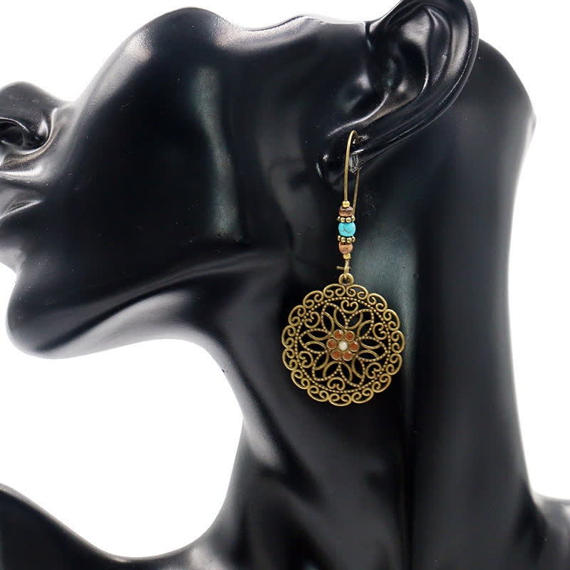 Round Flower Design Luck Dangle Drop Earrings - Image 4