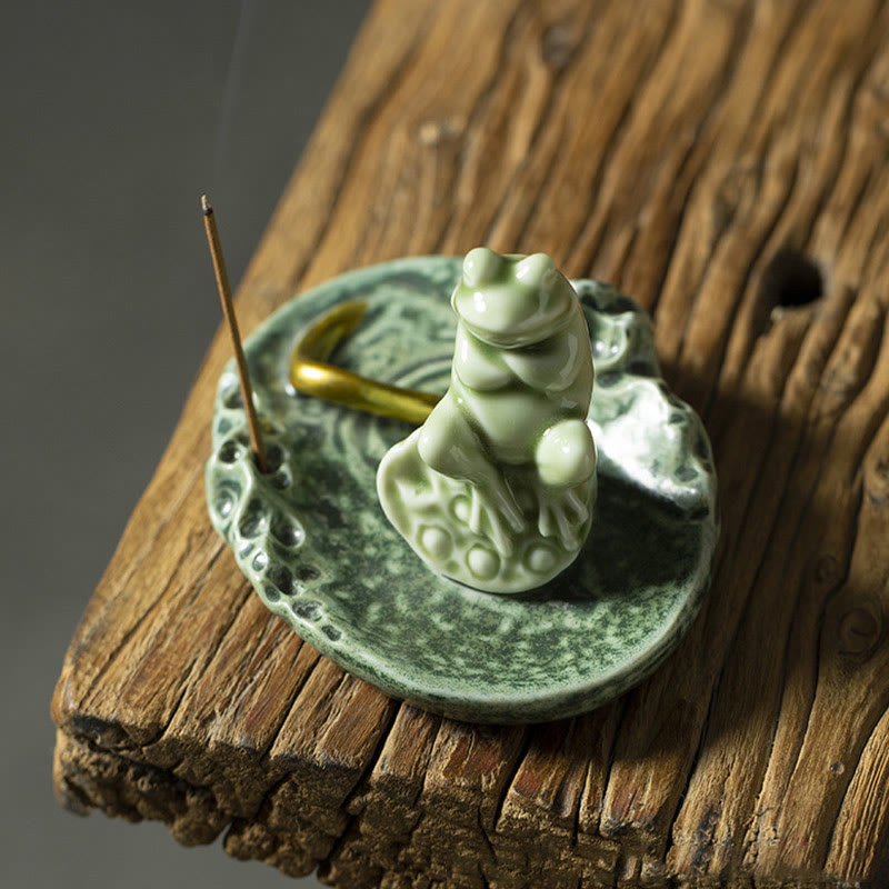 Leaf Meditation Frog Pattern Healing Ceramic Incense Burner Decoration - Image 14
