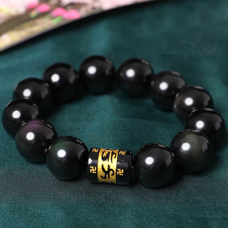 Rainbow Obsidian Om Mani Padme Hum Swastika Positive Bracelet