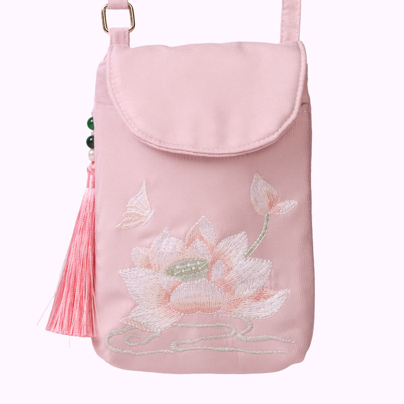 Small Embroidered Flowers Crossbody Bag Shoulder Bag Double Layer Cellphone Bag - Image 9