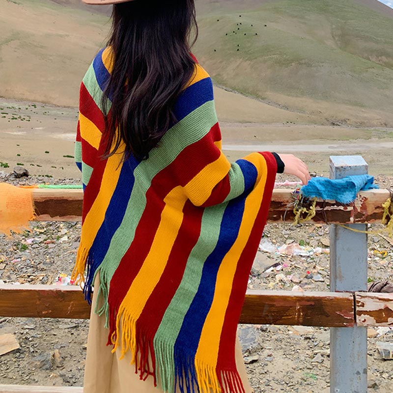 Tibetan Colorful Striped Design Shawl Tassels Pullover Winter Cozy Travel Scarf Wrap - Image 6