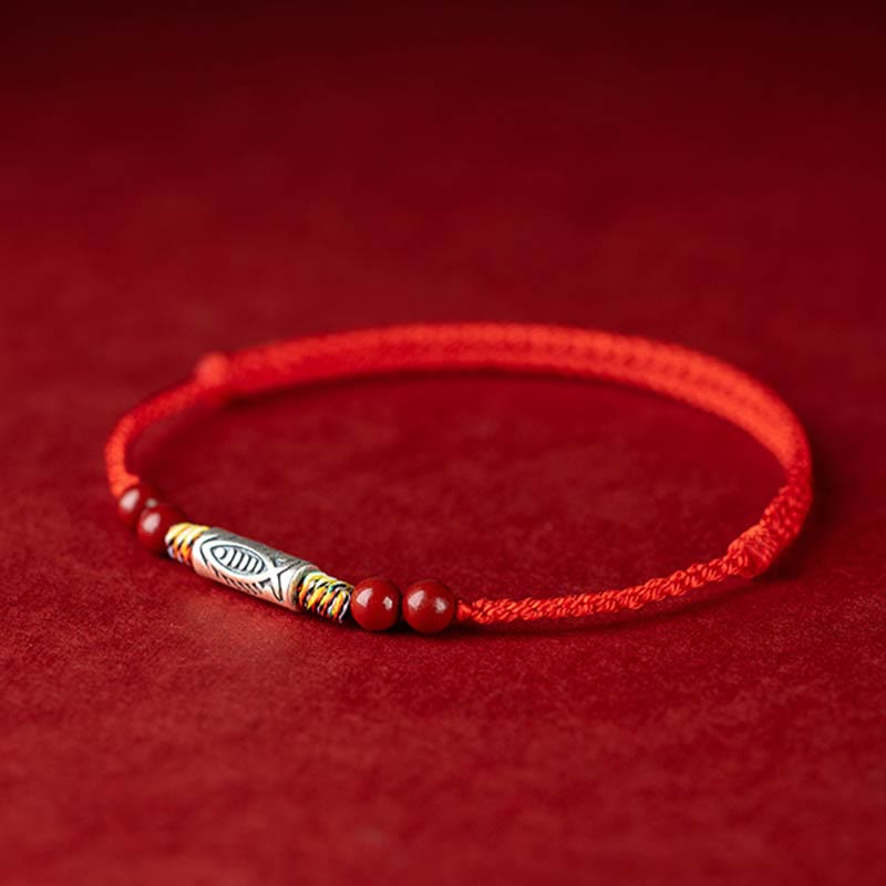 925 Sterling Silver Koi Fish Cinnabar Bead Wealth Handcrafted Braided Bracelet Anklet - Image 4