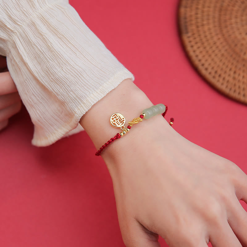 Handcrafted Jade Bead Fu Character Charm Luck Red Rope Bracelet - Image 6