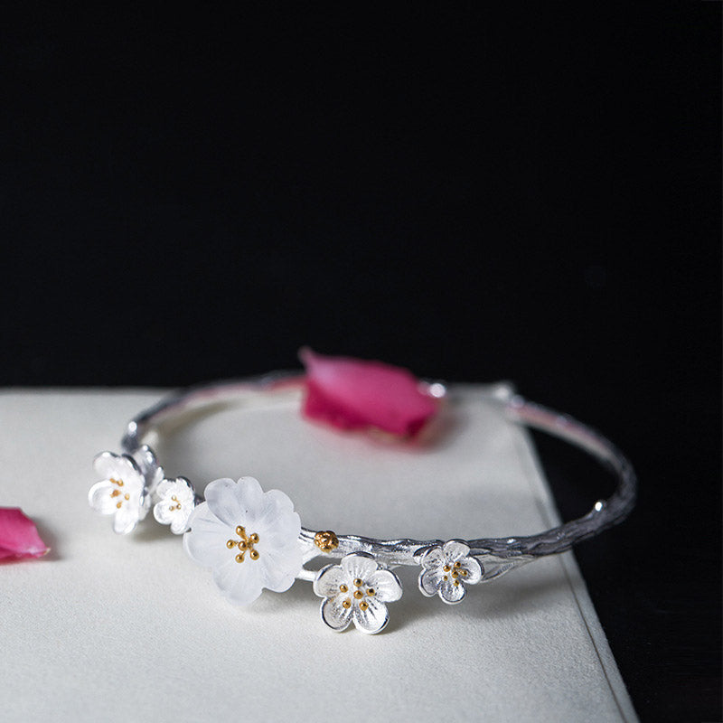 925 Sterling Silver Plum Flower Blessing Bracelet Adjustable Bangle - Image 5