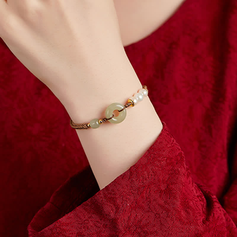 Natural Hetian Jade Pearl Peace Buckle Luck Bracelet - Image 5
